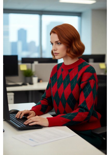 Kadın Cool Comfort Baklava Desenli Kışlık Triko Oversize Uzun Düşük Kollu Bisiklet Yaka Kazak fırsatları