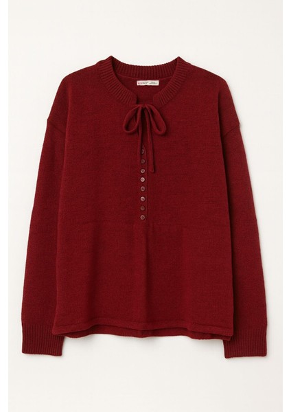 6952 Kadın Bağlamalı Düğme Detaylı Triko Kazak Bordo