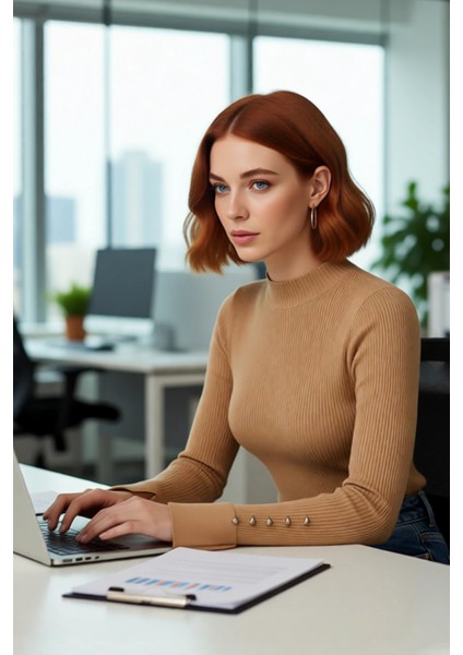 Kadın Modern Fitted Kalıp Dik Yaka Uzun Kollu Fitilli Triko Kazak Şık ve Rahat Kombinler Kaliteli