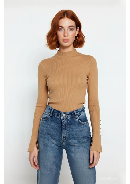 Kadın Modern Fitted Kalıp Dik Yaka Uzun Kollu Fitilli Triko Kazak Şık ve Rahat Kombinler Kaliteli fiyatları