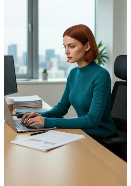 Kadın Uzun Kollu Dik Yaka Fitilli Triko Kazak Fitted Kesim Casual Giyim Için Ideal Basic Model