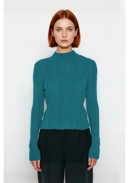 Kadın Uzun Kollu Dik Yaka Fitilli Triko Kazak Fitted Kesim Casual Giyim Için Ideal Basic Model fiyatları