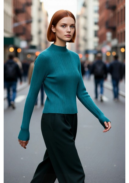 Kadın Uzun Kollu Dik Yaka Fitilli Triko Kazak Fitted Kesim Casual Giyim Için Ideal Basic Model fırsatları