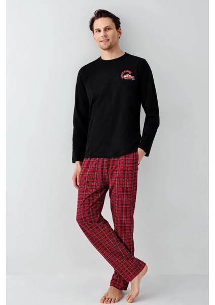 3515 Erkek Sıyah Uzun Kollu Kış Temalı Pijama Takımı