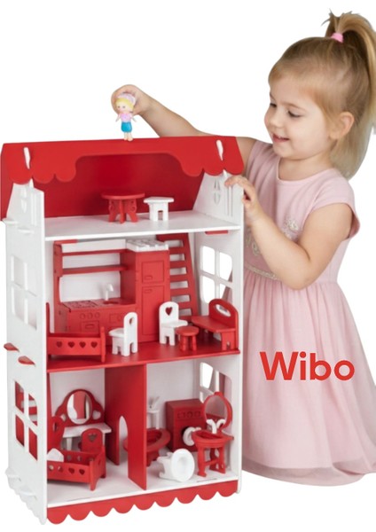 Lüks 3 Katlı Ahşap Oyuncak Bebek Evi 32 Parça | Doğal Ahşap | Mobilyalı Çocuk Oyun Seti