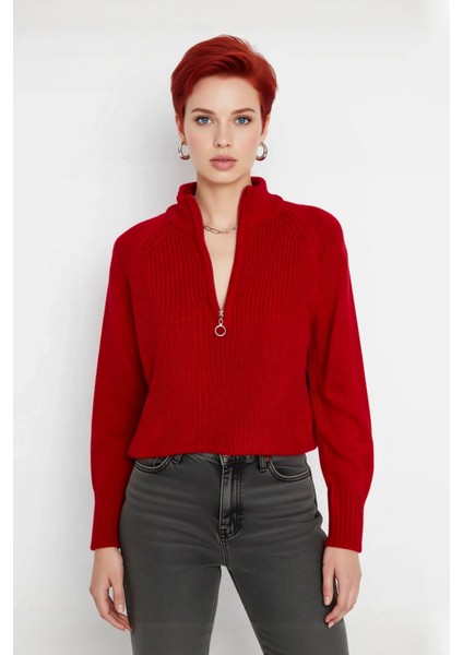 Kadın Selanik Dokuma Regular Kalıp Crop Dik Yaka Fermuarlı Uzun Kollu Triko Kazak Günlük Şıklık fiyatları