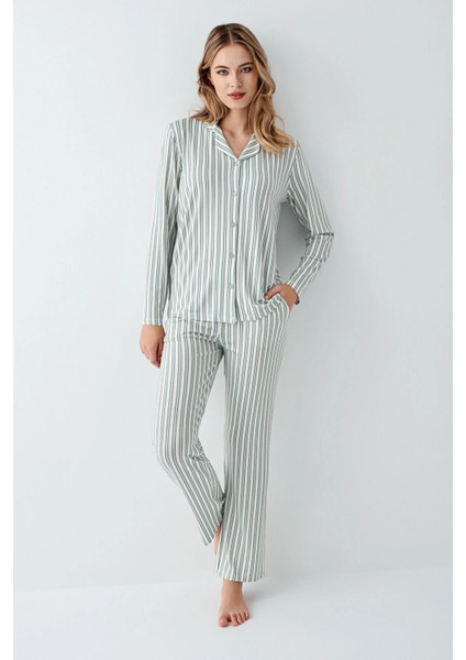 3408 Kadın Yesıl Uzun Kollu Önden Düğmeli Gömlek Pijama Takımı fiyatları