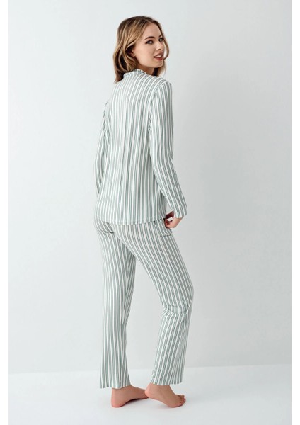 3408 Kadın Yesıl Uzun Kollu Önden Düğmeli Gömlek Pijama Takımı fırsatları