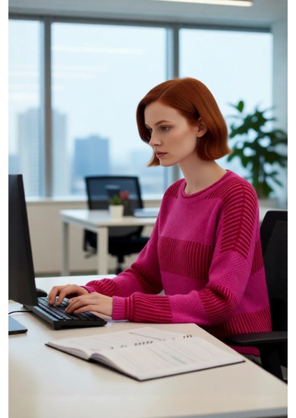 Kadın Basic Siluet Uzun Kollu Oversize Kesim Renk Bloklu Pike Dokuma Triko Kazak Kış Kombinlerinin