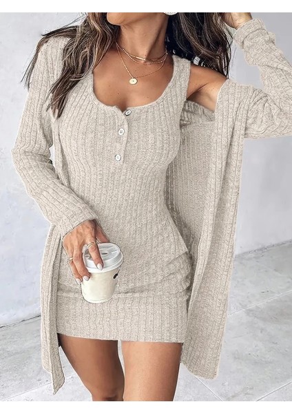 Mdb Kadın Askılı Yuvarlak Yakalı Önü Düğmeli Şardonlu Kaşkorse Mini Elbise ve Kısa Ceket