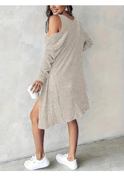 Mdb Kadın Askılı Yuvarlak Yakalı Önü Düğmeli Şardonlu Kaşkorse Mini Elbise ve Kısa Ceket modelleri