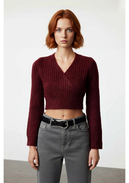 Kadın Antrasit Crop Boy Fitted Kruvaze Triko Kazak Günlük Şıklık ve Konforu Kış Sezonuna Taşır fiyatları