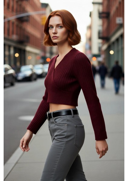 Kadın Antrasit Crop Boy Fitted Kruvaze Triko Kazak Günlük Şıklık ve Konforu Kış Sezonuna Taşır fırsatları