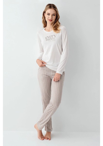 3424 Kadın Beyaz Uzun Kollu Bisiklet Yaka Pijama Takımı