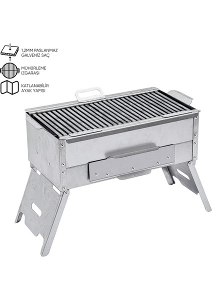 Katlanır Ayaklı Mangal - Argeus - Paslanmaz - Mühürleme Izgaralı - Kül Hazneli