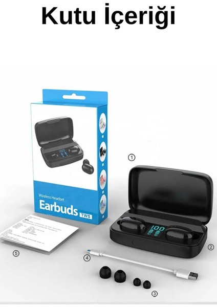 A10S Kablosuz Bluetooth 5.0 Şarj Göstergesi Ekranlı Kulak Içi Kulaklık