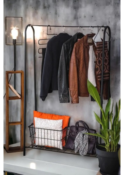 Metal 1 Raflı Metal Ayaklı Portmanto ve Raflı Konfeksiyon Askılığı Metal Ayaklı Elbise Askılığı