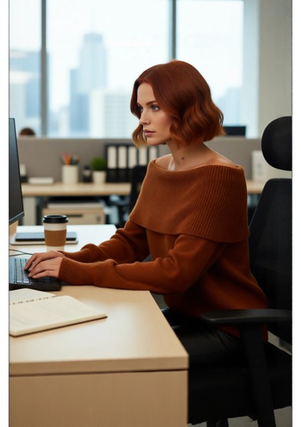 Kadın Triko Kışlık Kazak Regular Kalıp Uzun Kollu Carmen Yaka Günlük ve Şık Kombinler Için