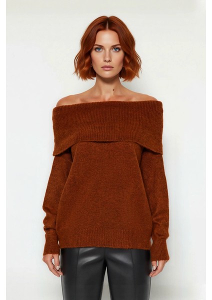 Kadın Triko Kışlık Kazak Regular Kalıp Uzun Kollu Carmen Yaka Günlük ve Şık Kombinler Için fiyatları