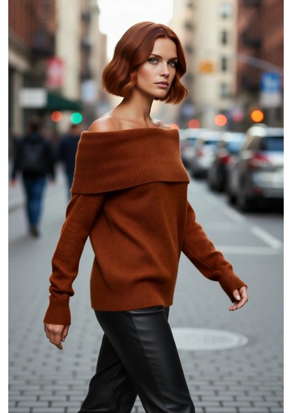 Kadın Triko Kışlık Kazak Regular Kalıp Uzun Kollu Carmen Yaka Günlük ve Şık Kombinler Için fırsatları