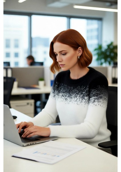 Kadın Casual Ortamlar Için Bisiklet Yaka Degrade Desenli Uzun Kollu Tüylü Triko Kazak Kış Şıklığı