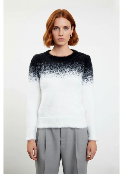 Kadın Casual Ortamlar Için Bisiklet Yaka Degrade Desenli Uzun Kollu Tüylü Triko Kazak Kış Şıklığı fiyatları