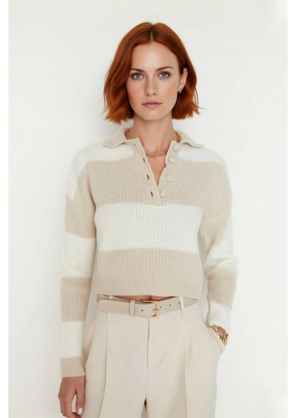 Kadın Casual Günlük Akrilik Super Crop Polo Yaka Çizgili Düşük Kol Yumuşak Triko Kazak Kaliteli fiyatları