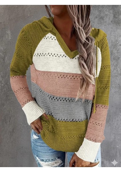 Mdb Kadın Uzun Kollu V Yakalı Bağcıklı Kapşonlu Triko Bluz