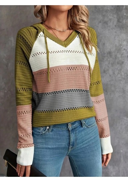 Mdb Kadın Uzun Kollu V Yakalı Bağcıklı Kapşonlu Triko Bluz fırsatları