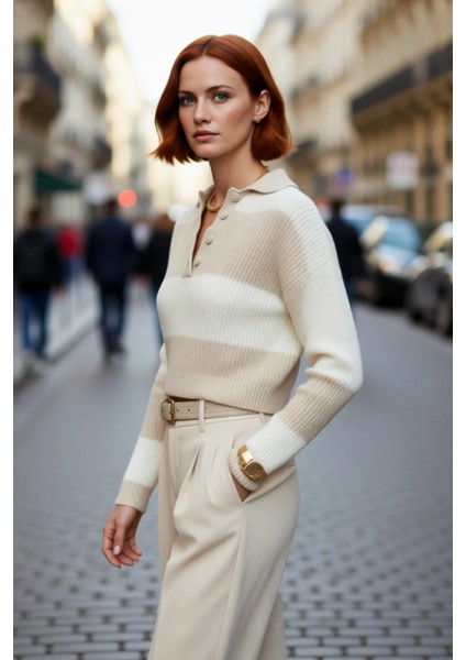 Kadın Casual Günlük Akrilik Super Crop Polo Yaka Çizgili Düşük Kol Yumuşak Triko Kazak Kaliteli fırsatları