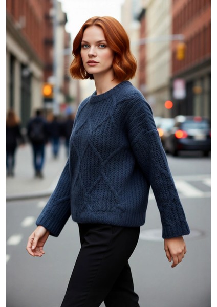 Kadın Günlük Oversize Kesim Saç Örgüsü Desenli Triko Kazak Kış Sonbahar Için Bisiklet Yaka fırsatları