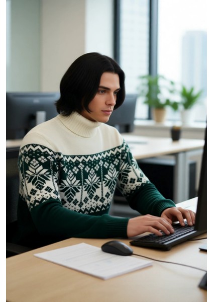 Erkek Kalın Triko Regular Kesim Balıkçı Yaka Panelli Etnik Desen Kazak Sonbahar Kış Stili Için fırsatları