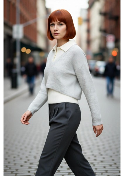 Casual Şıklık Sunan Kadın Oversize Kesim Uzun Kollu V Yaka Triko Kazak Soğuk Havalar Için Kaliteli fırsatları