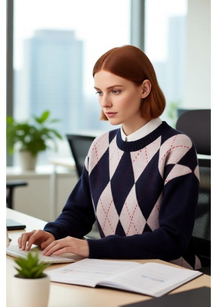 Kadın Oversize Baklava Desenli Bisiklet Yaka Triko Kazak Günlük Kombinlerde Şıklığı Tamamlıyor