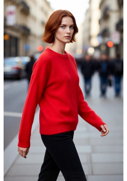 Kadın Oversize Düz Triko Kazak Bisiklet Yaka Düşük Kol Tasarımıyla Kışlık Şıklık Sunar Kaliteli fırsatları