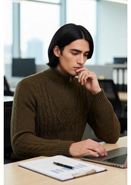 Erkek Casual Uzun Kollu Saç Örgü Desenli Fermuarlı Dik Yaka Regular Kalıp Triko Kazak Kaliteli