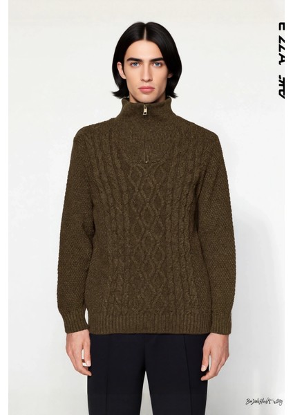 Erkek Casual Uzun Kollu Saç Örgü Desenli Fermuarlı Dik Yaka Regular Kalıp Triko Kazak Kaliteli fiyatları