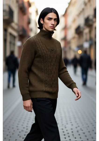 Erkek Casual Uzun Kollu Saç Örgü Desenli Fermuarlı Dik Yaka Regular Kalıp Triko Kazak Kaliteli fırsatları