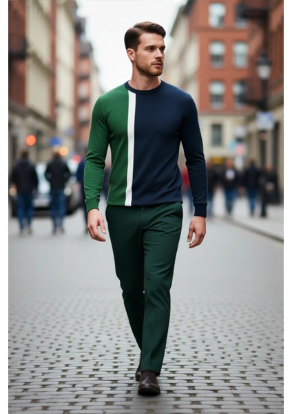 Erkekler Için Casual Günlük Giyim Bisiklet Yaka Renk Bloklu Fitted Kalıp Uzun Kollu Kazak Kaliteli fırsatları