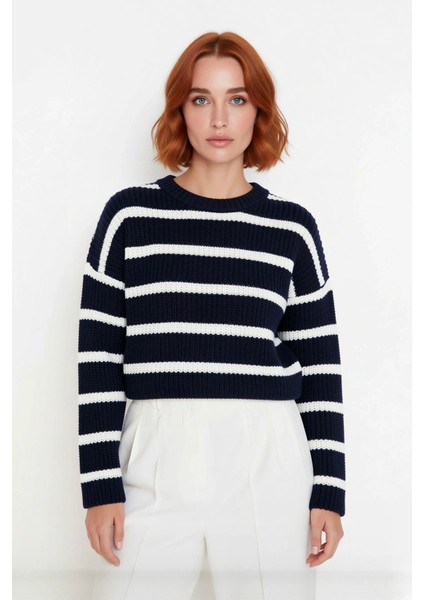 Kadınlara Özel Basic Çizgili Oversize Triko Kazak Bisiklet Yaka Uzun Düşük Kol Kış Şıklığı