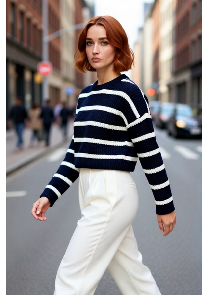 Kadınlara Özel Basic Çizgili Oversize Triko Kazak Bisiklet Yaka Uzun Düşük Kol Kış Şıklığı modelleri