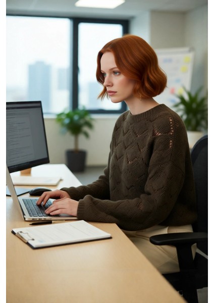 Şık Kadın Oversize Ajurlu Bisiklet Yaka Uzun Kol Triko Kazak Soğuk Havalarda Konfor Sunar Kaliteli fırsatları