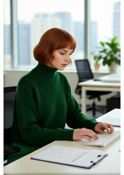 Kadın Oversize Dik Yaka Kışlık Triko Kazak Düz Düşük Kol Modern ve Şık Günlük Kombinler Için