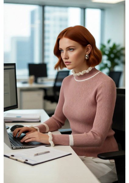 Kadın Akrilik Dokuma Dik Yaka Fitilli Triko Kazak Kış Sezonu Için Özel Tasarım Rahat ve Şık Görünüm