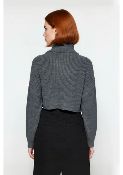 Kadın Basic Oversize Düşük Uzun Kollu Crop Fermuarlı Dik Yaka Triko Kazak Kışlık Rahat Stiller fiyatları