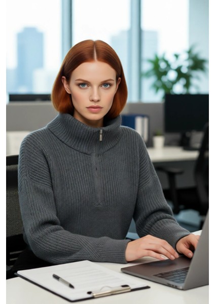 Kadın Basic Oversize Düşük Uzun Kollu Crop Fermuarlı Dik Yaka Triko Kazak Kışlık Rahat Stiller fırsatları