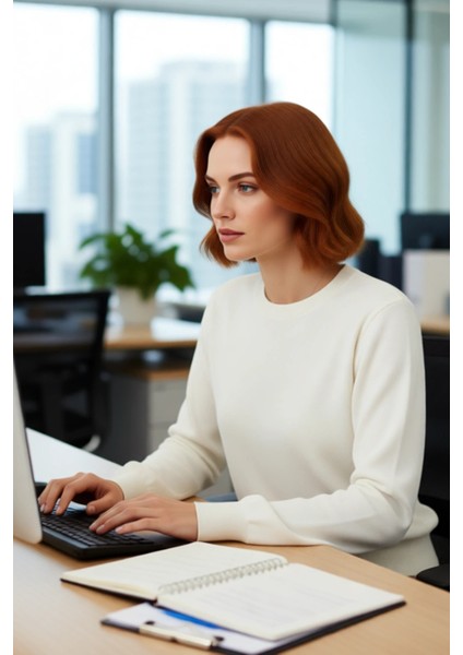 Kadın Düz Bisiklet Yaka Ekru Triko Kazak Regular Kalıbı ile Kışa Özel Şık ve Konforlu Kaliteli