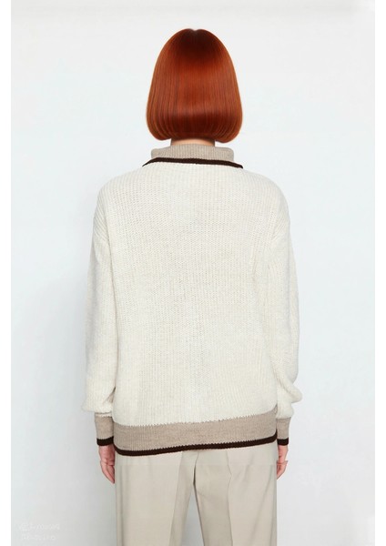 Kadınların Gardıroplarını Tamamlayan Dik Yaka Fermuarlı Renk Bloklu Triko Kazak Günlük Şıklık fiyatları