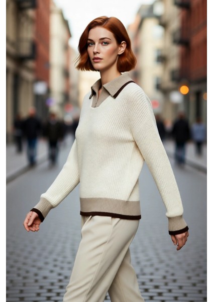 Kadınların Gardıroplarını Tamamlayan Dik Yaka Fermuarlı Renk Bloklu Triko Kazak Günlük Şıklık modelleri