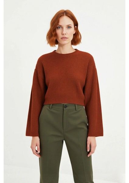 Kadın Gri %100 Akrilik Oversize Selanik Dokuma Bisiklet Yaka Ispanyol Kol Crop Triko Kazak